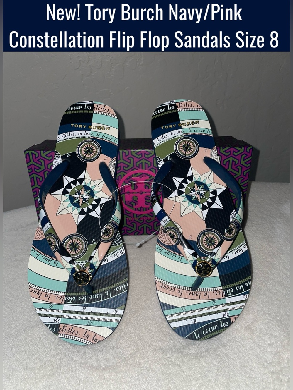 New! Tory Burch Navy/Pink Constellation Flip Flop Sandals Size 8-NIB